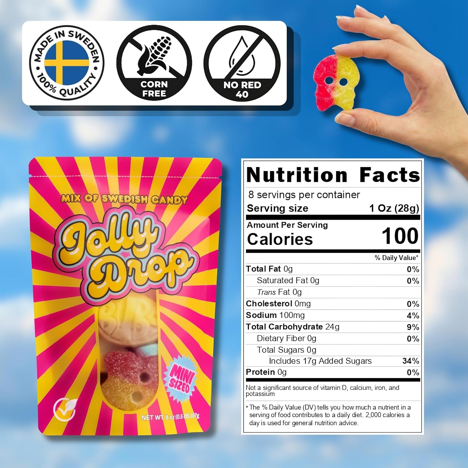 Authentic Bubs Swedish Candy Mix 1/2LB Sweet & Sour Bubs Candy – Jolly Drop | Soft & Chewy Swedish Candy' Vegan Gelatin Free Gummy Candy Imported from Sweden Comes in Resealable Bag, Bubs Candy