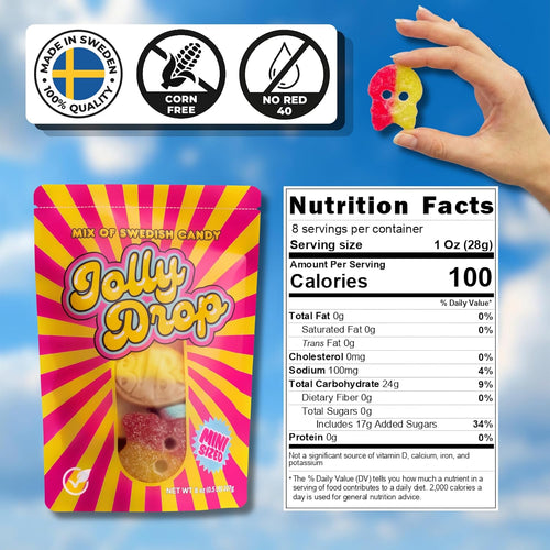 Authentic Bubs Swedish Candy Mix 1/2LB Sweet & Sour Bubs Candy – Jolly Drop | Soft & Chewy Swedish Candy' Vegan Gelatin Free Gummy Candy Imported from Sweden Comes in Resealable Bag, Bubs Candy