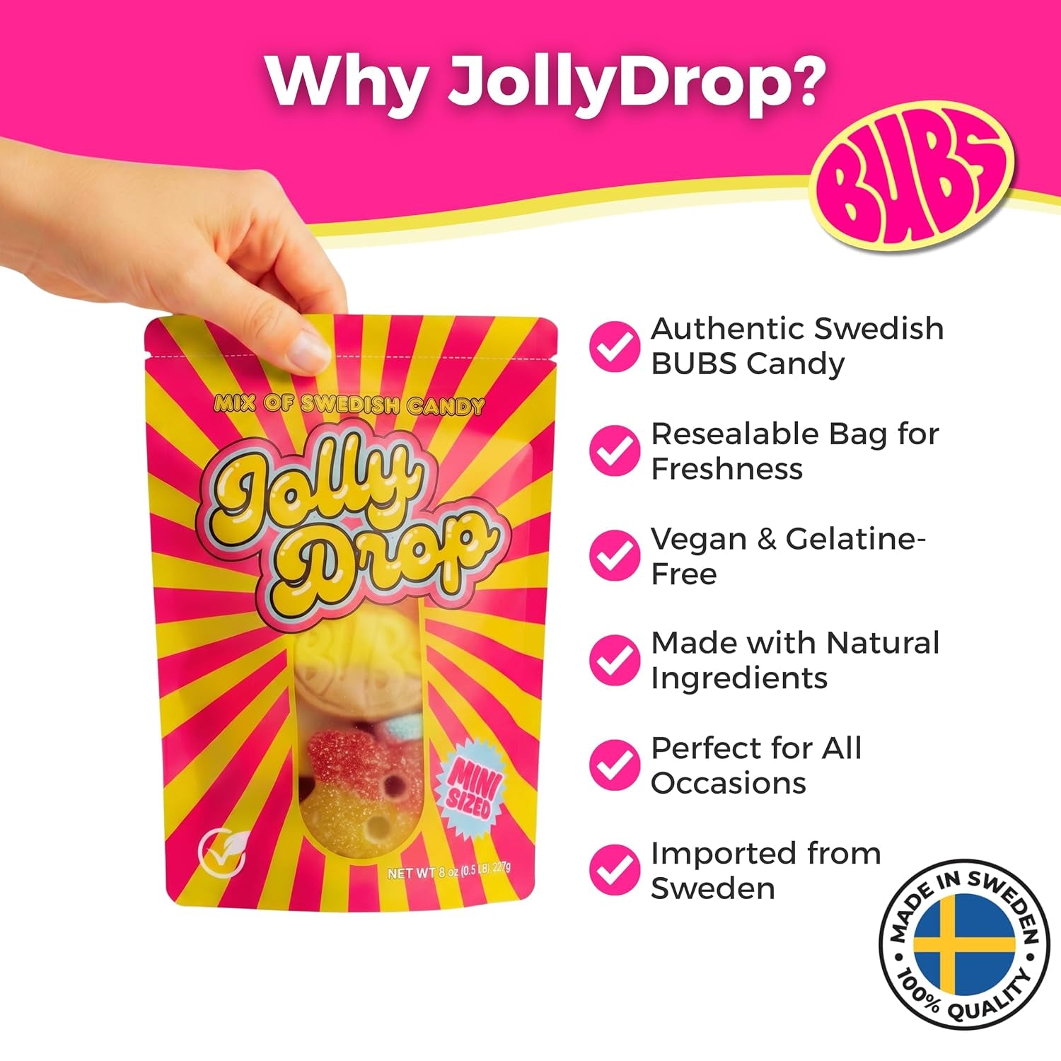 Authentic Bubs Swedish Candy Mix 1/2LB Sweet & Sour Bubs Candy – Jolly Drop | Soft & Chewy Swedish Candy' Vegan Gelatin Free Gummy Candy Imported from Sweden Comes in Resealable Bag, Bubs Candy