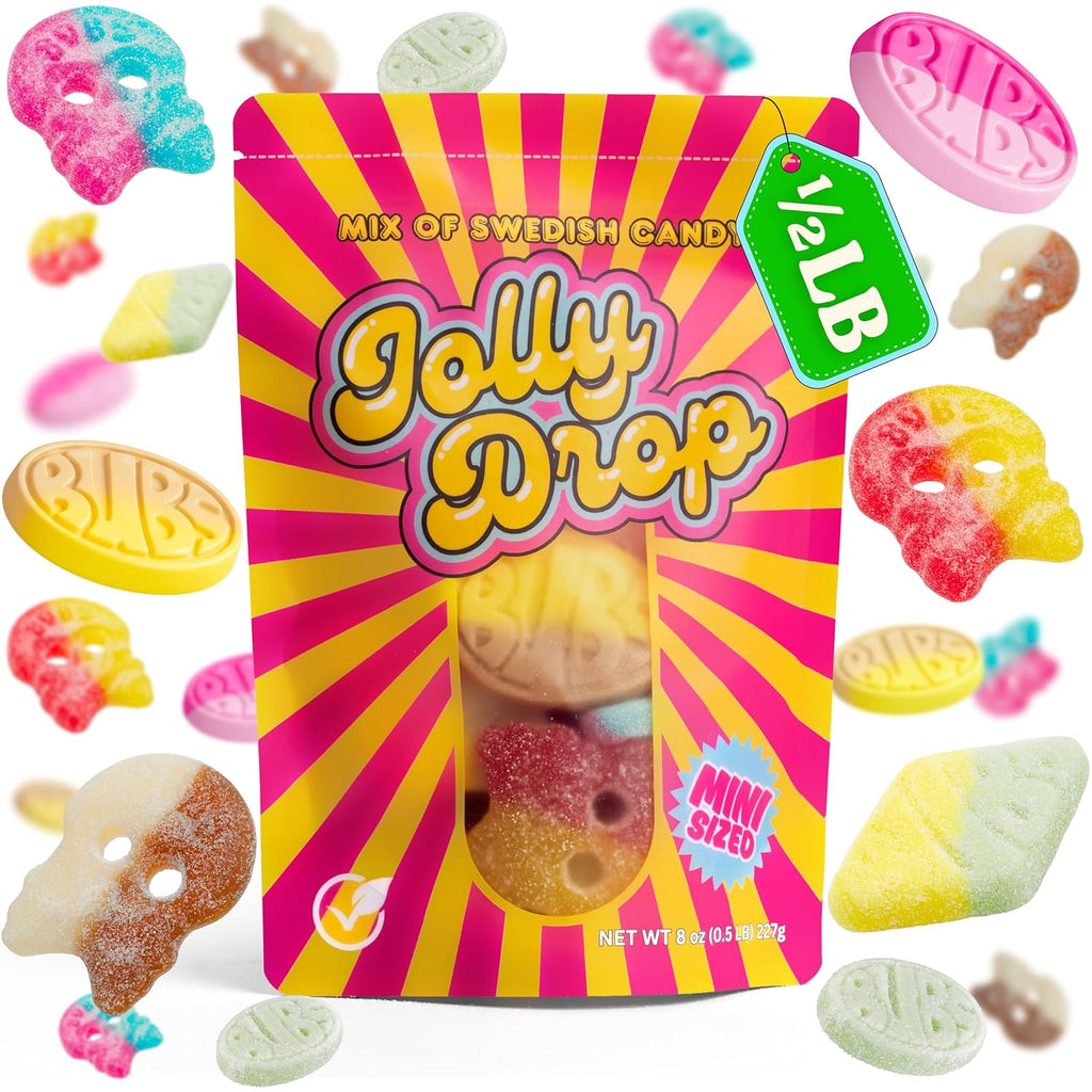 Authentic Bubs Swedish Candy Mix 1/2LB Sweet & Sour Bubs Candy – Jolly Drop | Soft & Chewy Swedish Candy' Vegan Gelatin Free Gummy Candy Imported from Sweden Comes in Resealable Bag, Bubs Candy