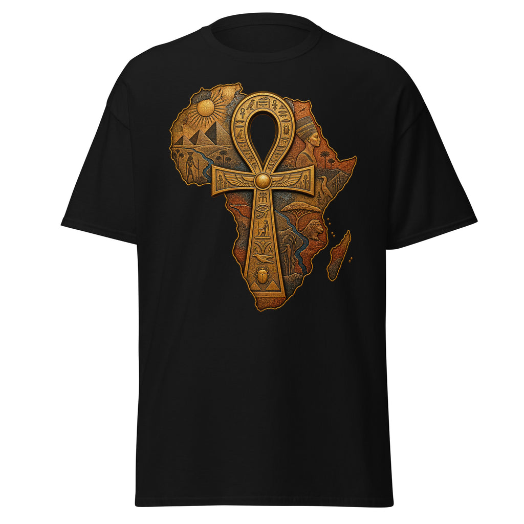 Front view of black unisex Kemet Ankh Africa map T-shirt