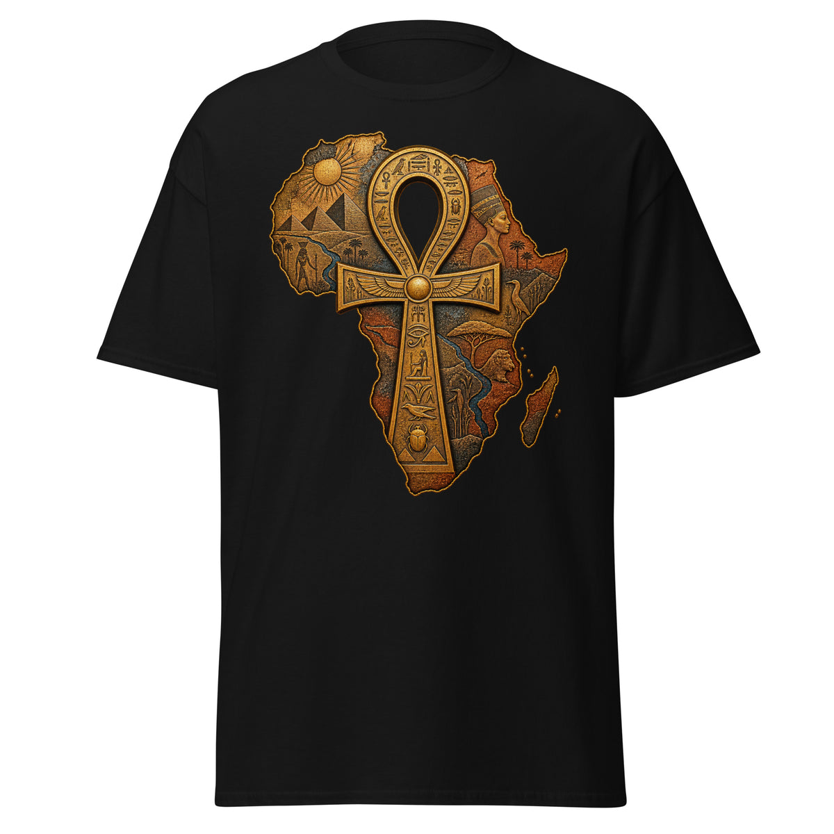 Front view of black unisex Kemet Ankh Africa map T-shirt